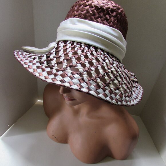 SALE Vintage High Crown Wide Brim Hat by Kutz Chocolate Brown & White main image 5